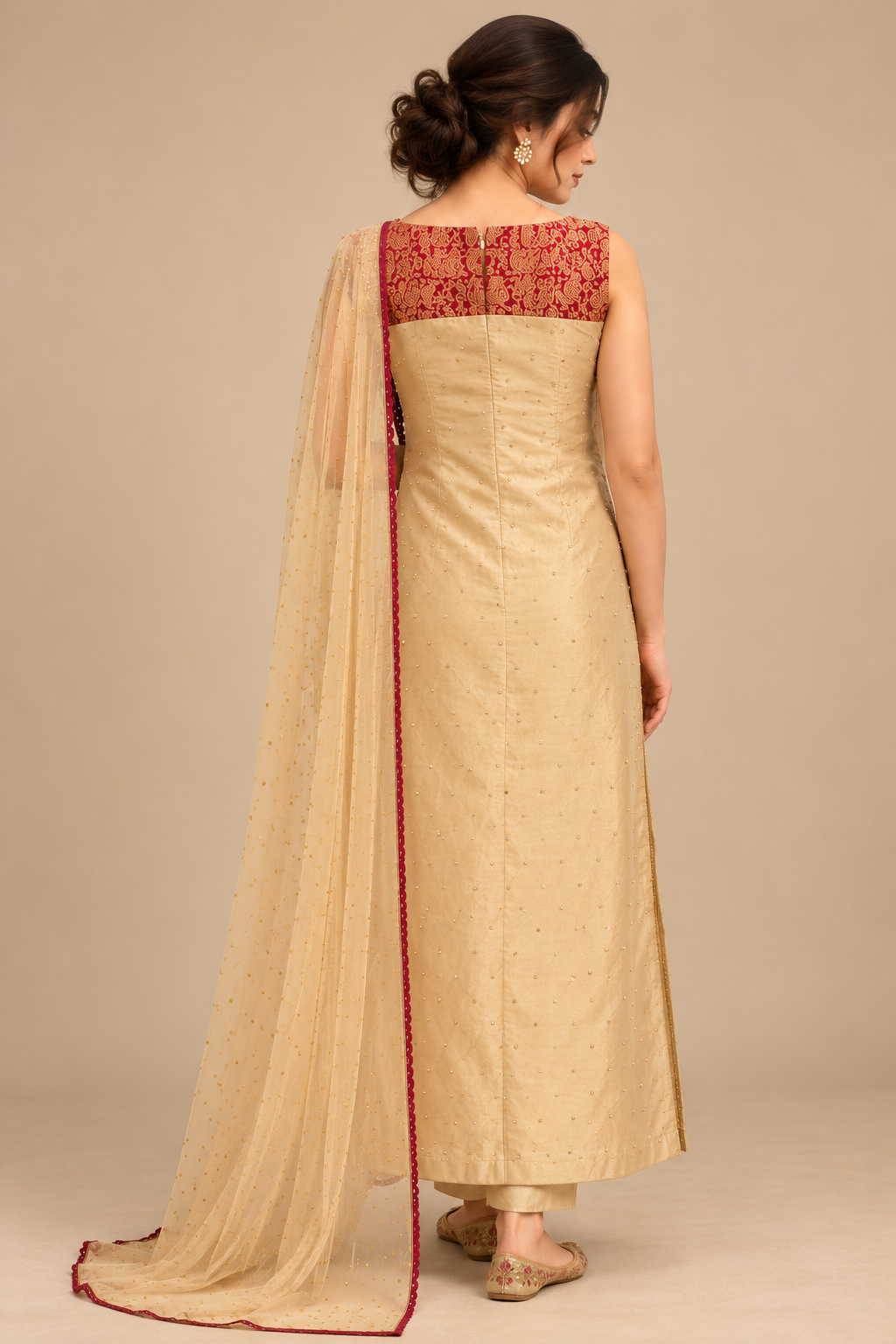 Floral Éclat rear angled view with fuchsia-trimmed sheer scarf and champagne-gold tunic