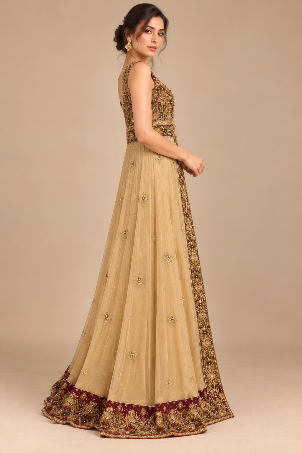 Maroon Empress side view showing flowing champagne gold skirt