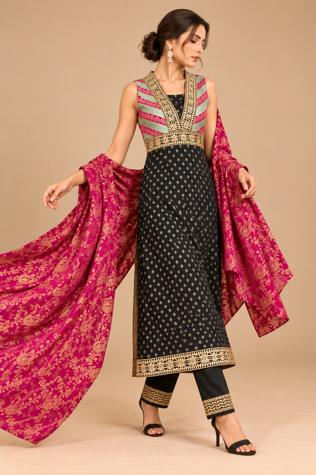 Zaria black and fuchsia outfit with draped shawl