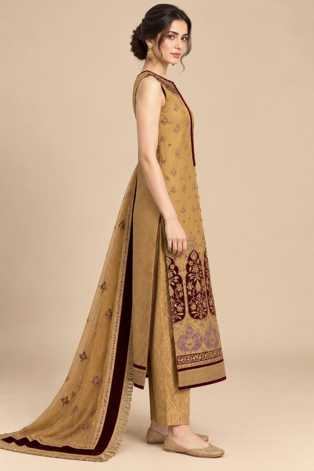 Zarin gold and maroon embroidered tunic side view