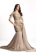 Orélisse beige-gold embellished silk blouse with mermaid-style skirt and net scarf by House of MEHDI, image 1