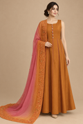 Amber Éclat front view in burnt orange with pink ombré embroidered scarf