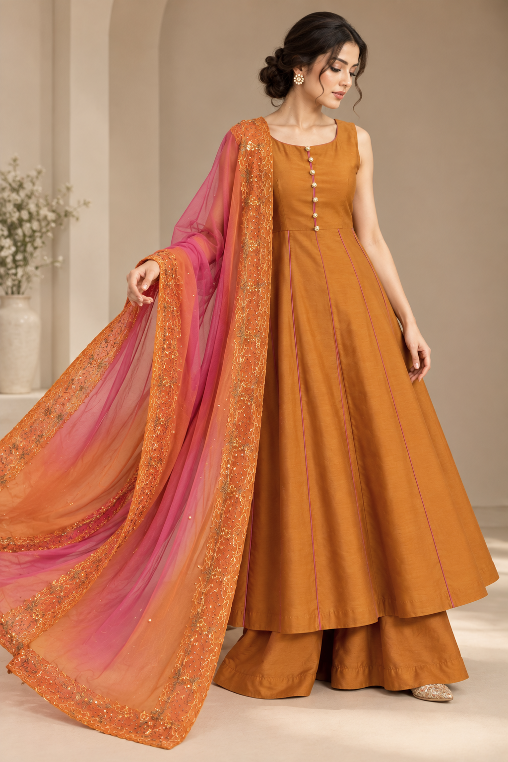 Amber Éclat styled front view with pink and orange embroidered scarf