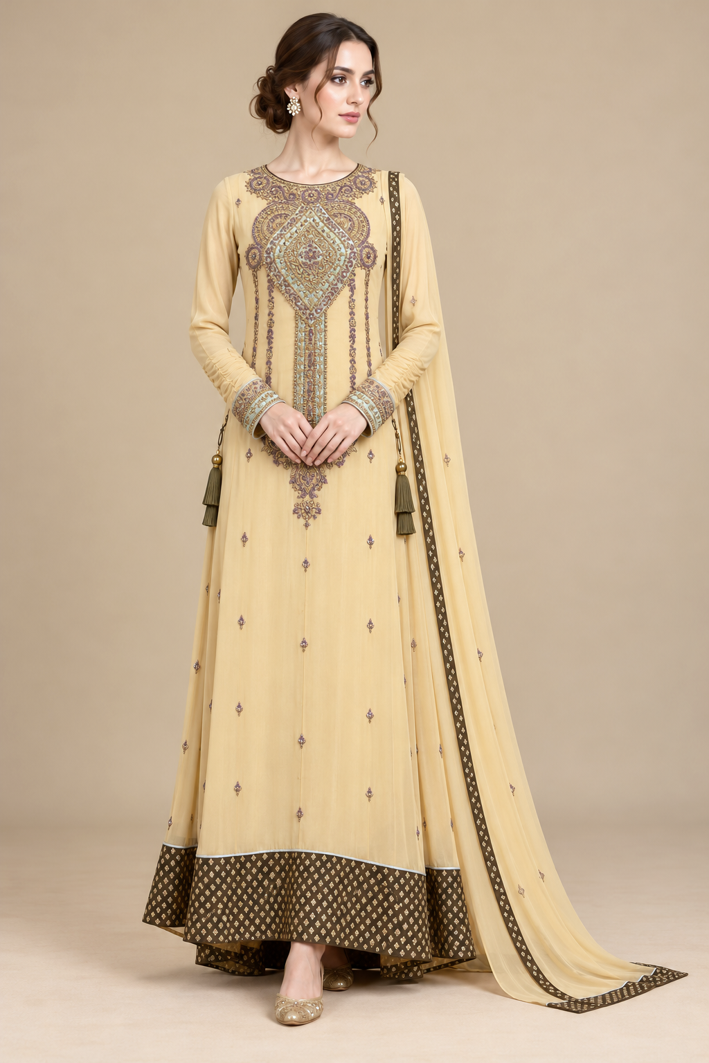 Aurelia ivory-gold embroidered floor-length dress front view with matching scarf