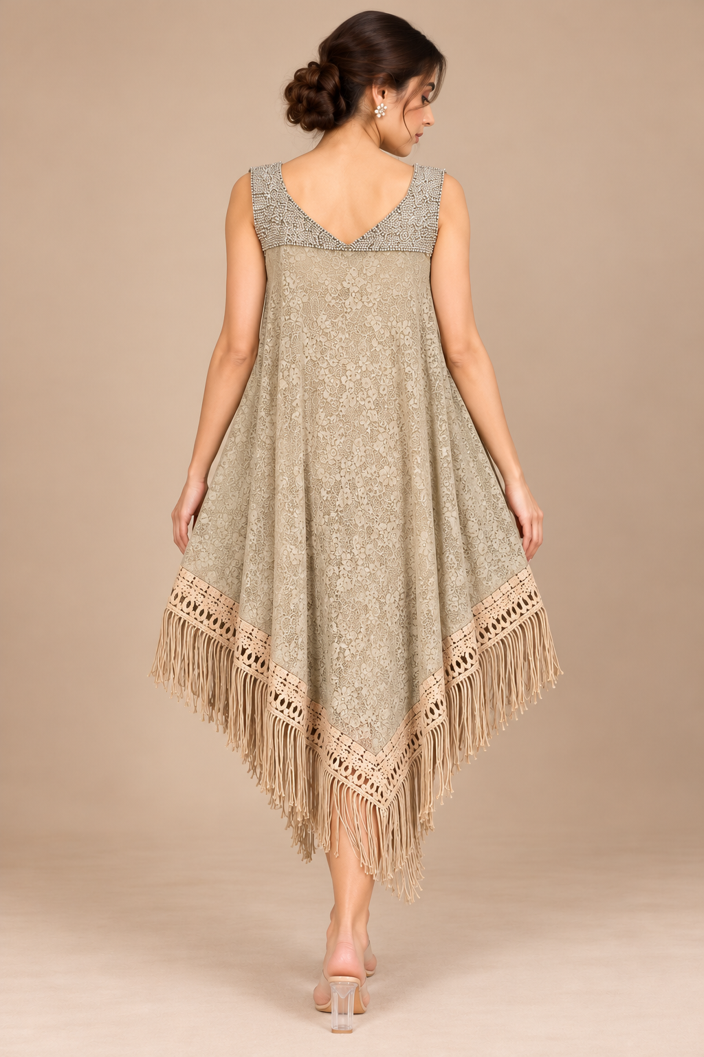 Desert Luxe embellished neckline and fringed hem back view