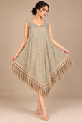Desert Luxe taupe beige fringed poncho dress front view