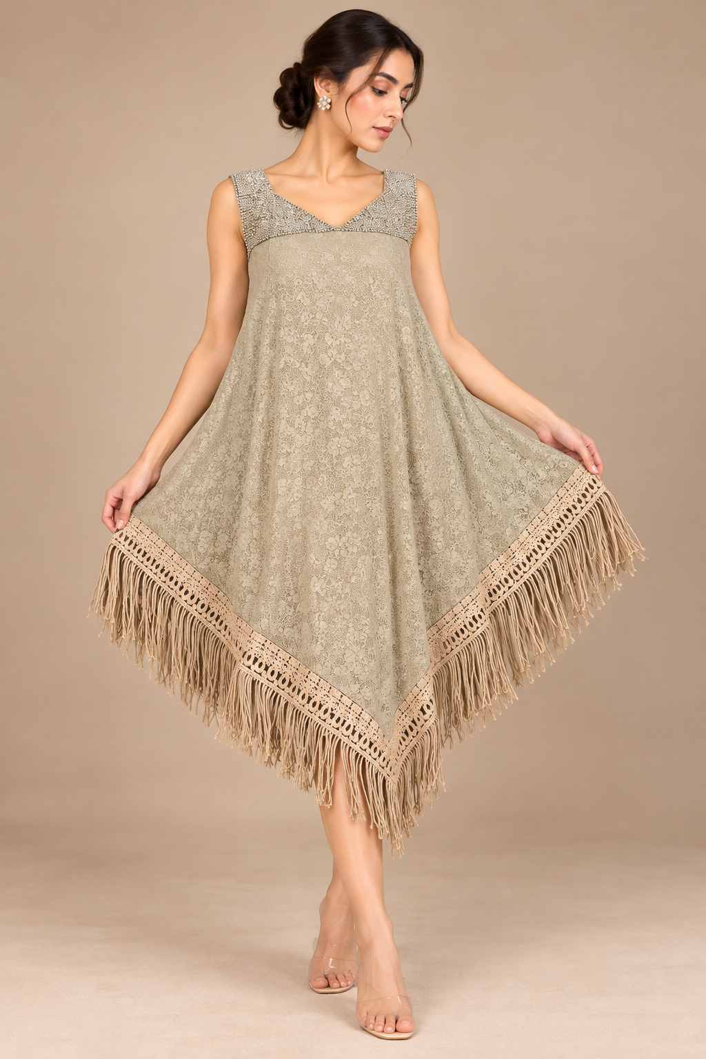 Desert Luxe taupe beige fringed poncho dress front view