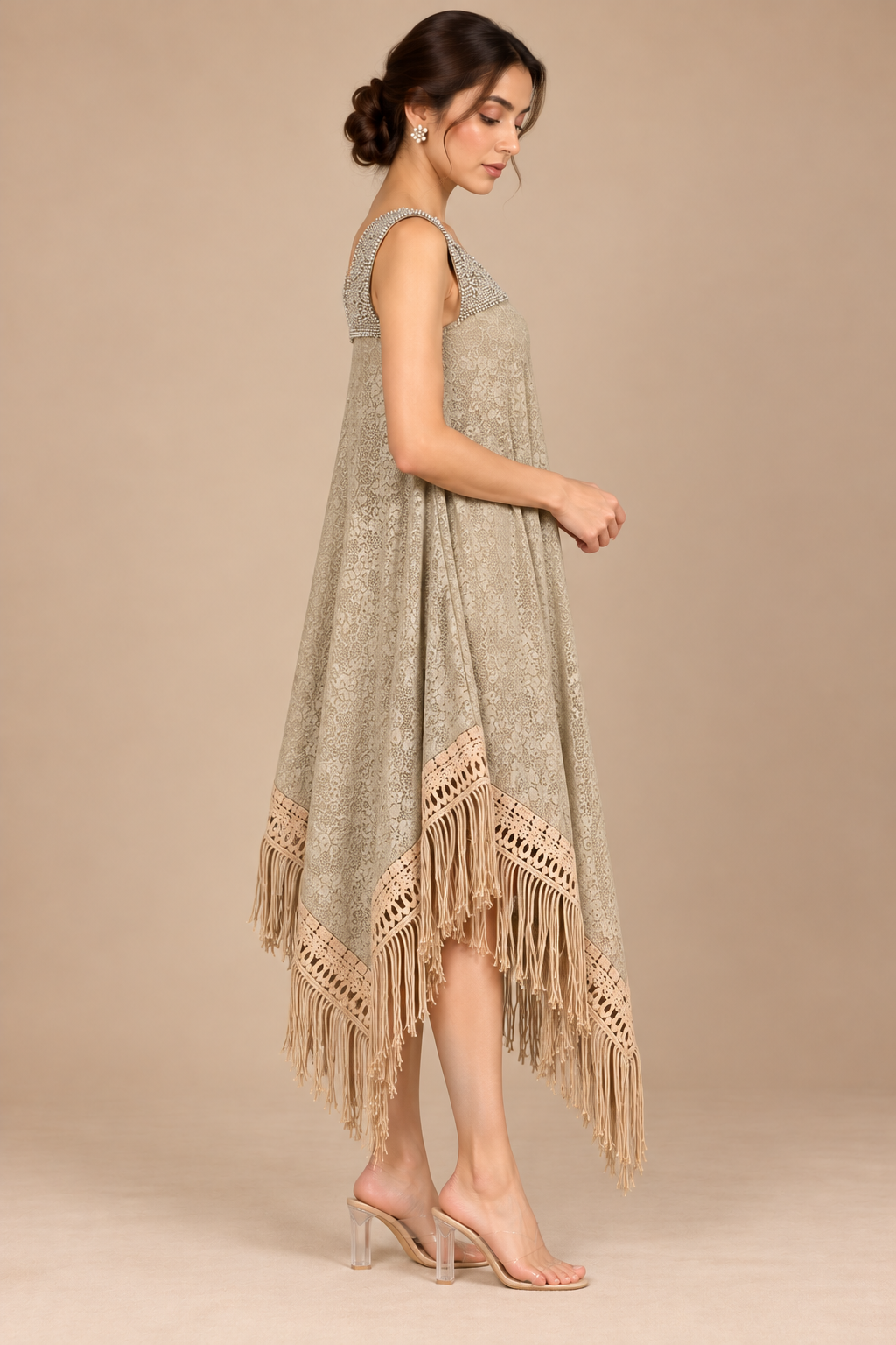 Desert Luxe asymmetric fringed dress side view