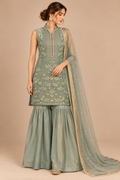 Elysia sage green embroidered outfit front view with flared trousers and sheer scarf