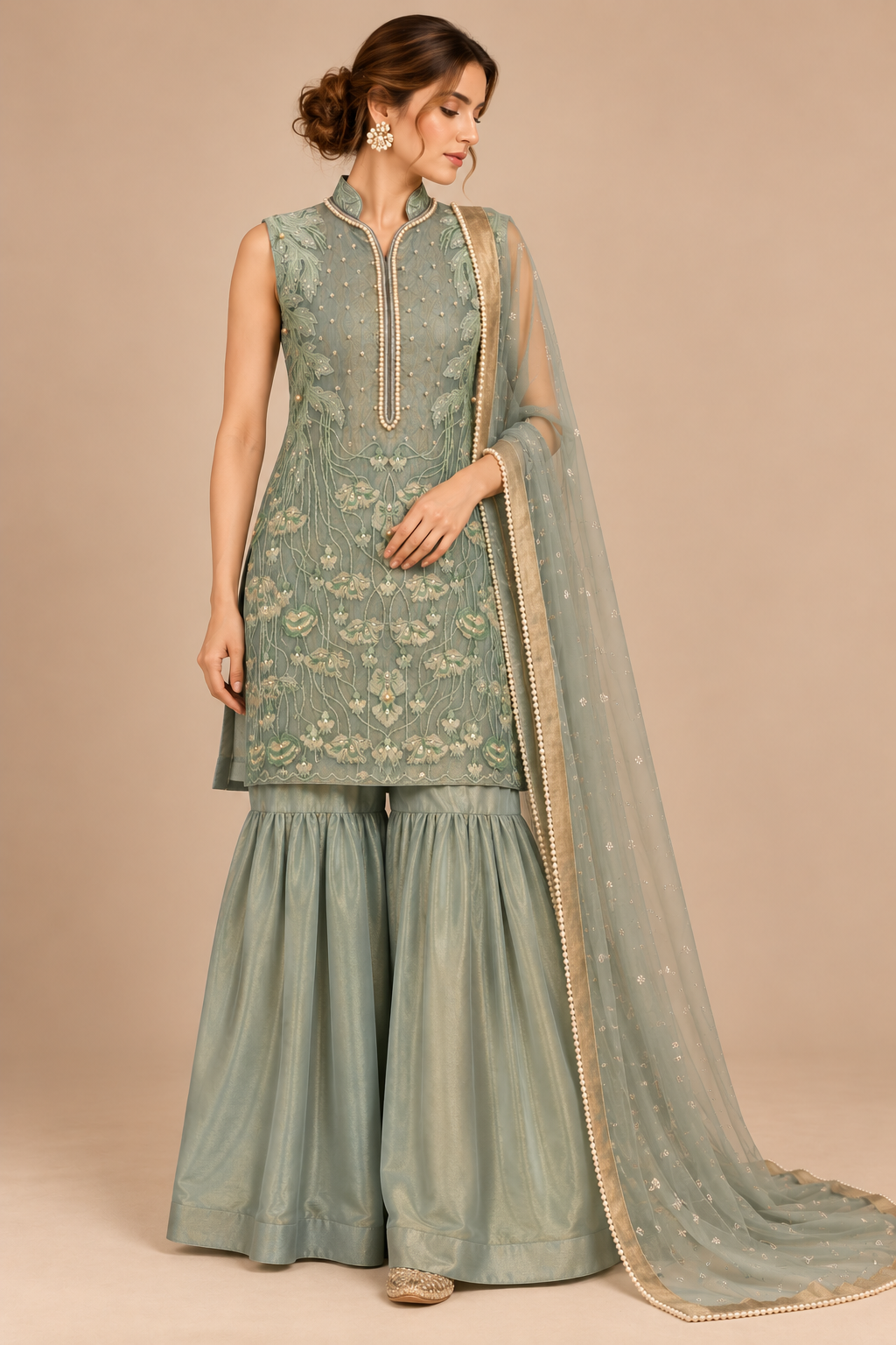 Elysia sage green embroidered outfit front view with flared trousers and sheer scarf
