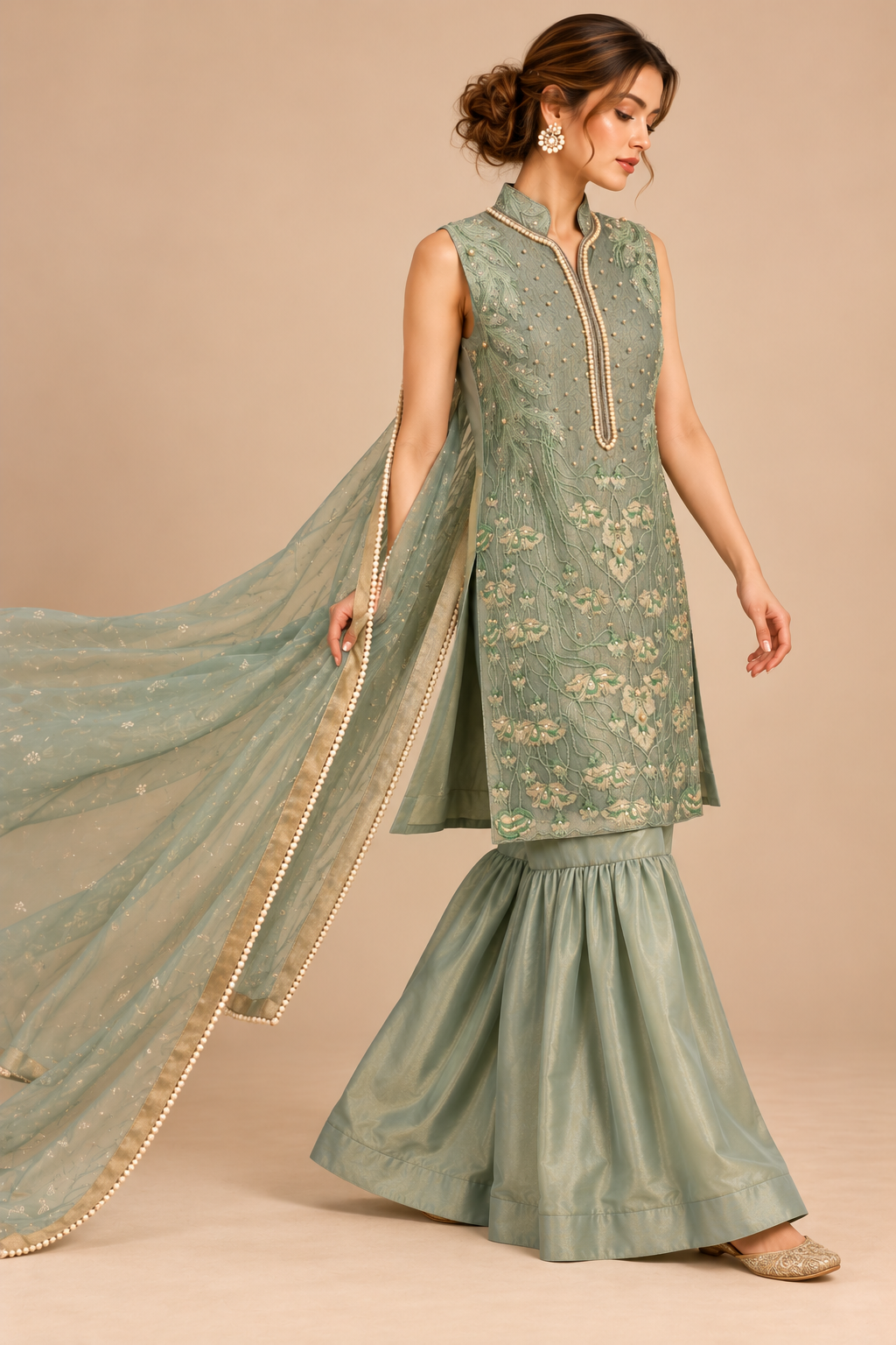 Elysia sage green formal ensemble side view with flowing scarf