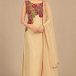 Floral Éclat champagne-gold sleeveless three-piece ensemble with fuchsia floral embroidery, front view
