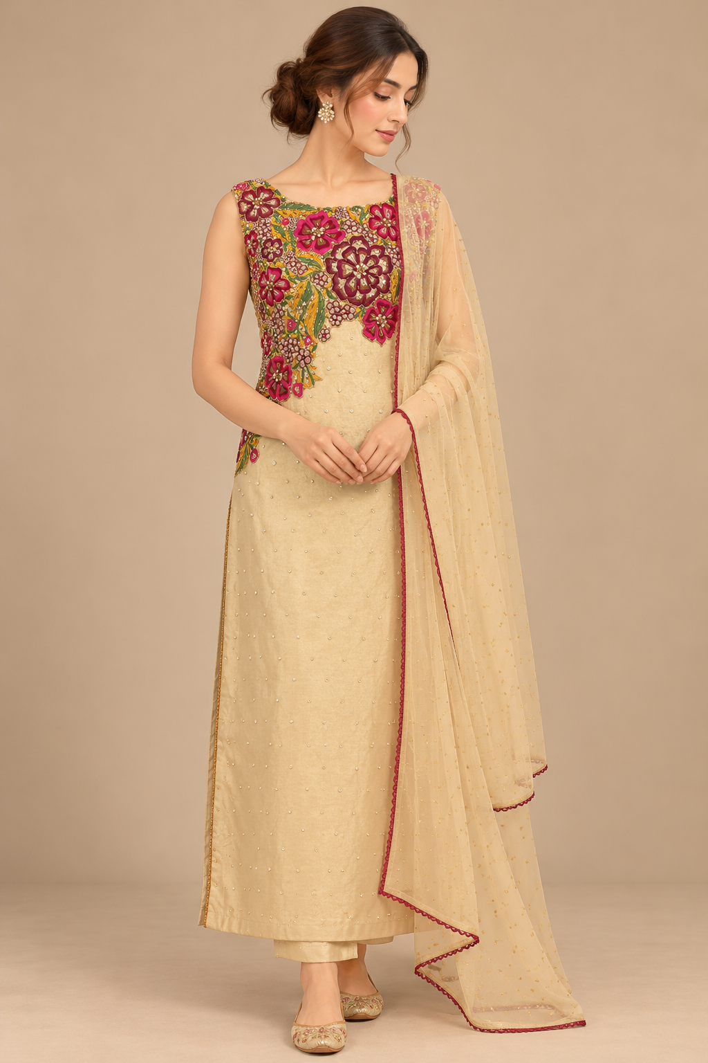 Floral Éclat champagne-gold sleeveless three-piece ensemble with fuchsia floral embroidery, front view