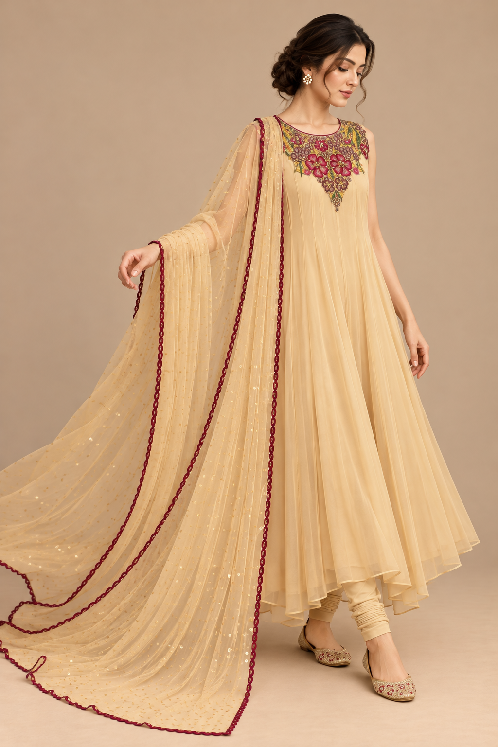 Floral Serenade three-quarter view of floral neckline and sheer scarf