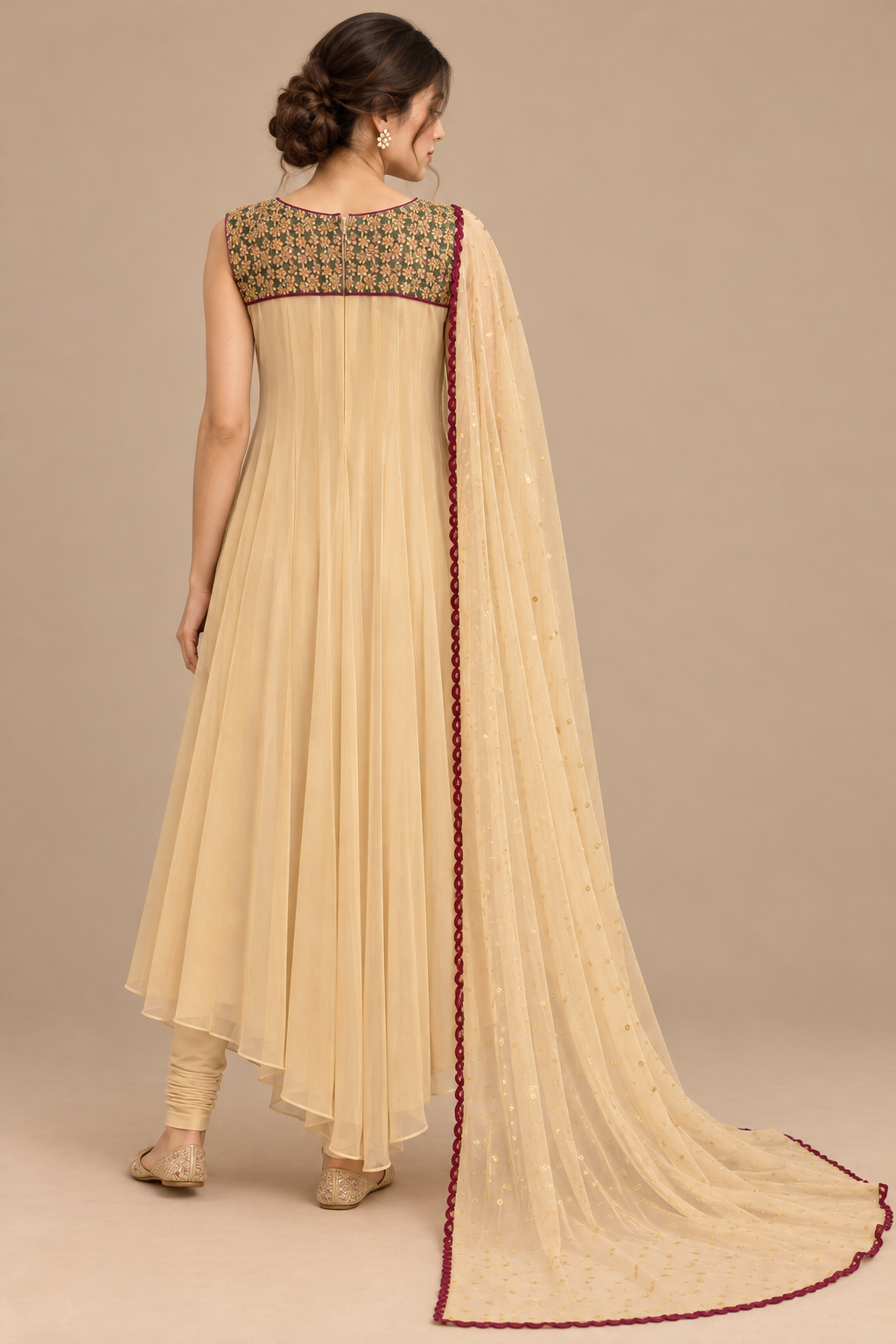 Floral Serenade back view with embroidered bodice and sheer bordered scarf
