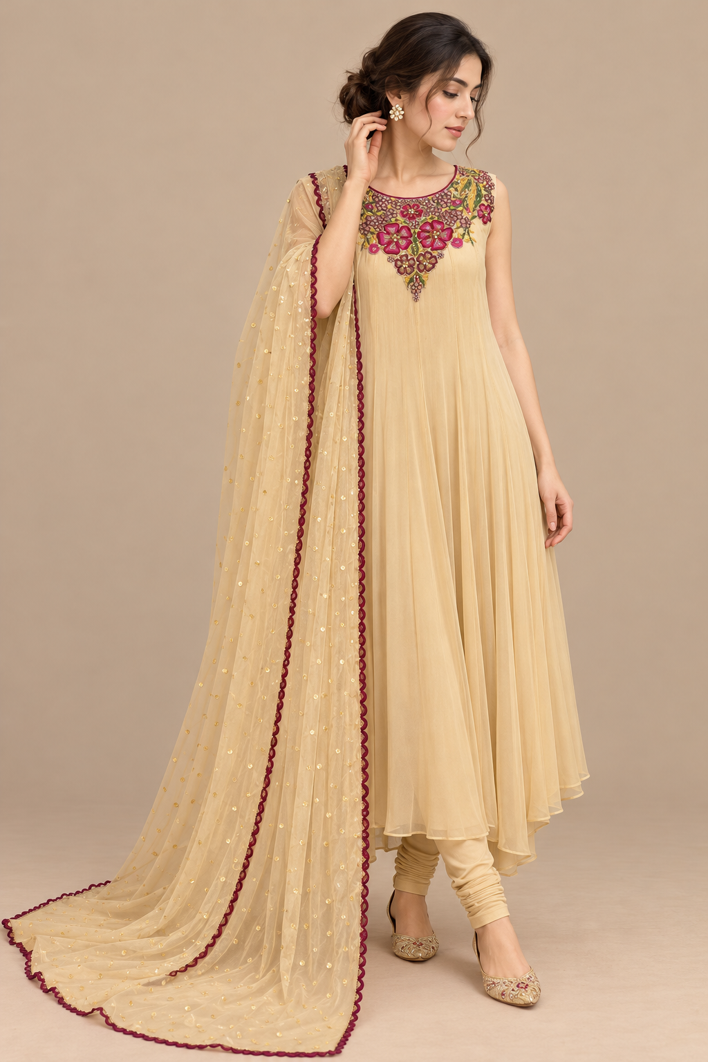 Floral Serenade front view with embroidered floral neckline and ivory flowing dress