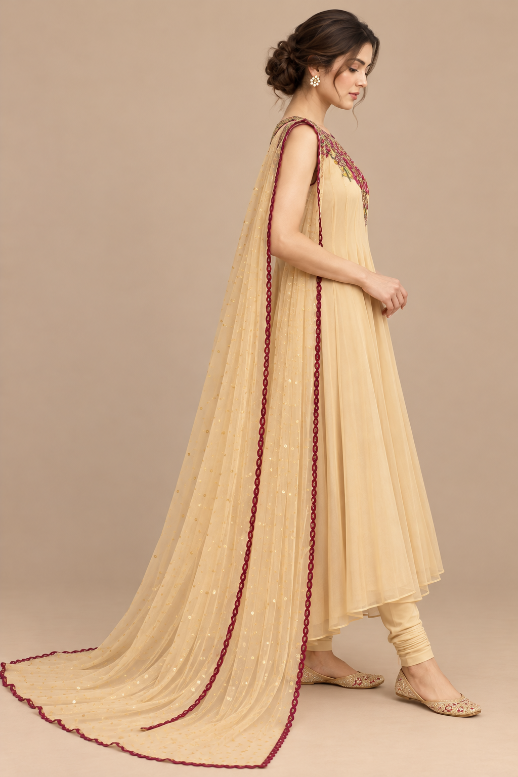 Floral Serenade side view with flowing ivory dress and fuchsia edged scarf