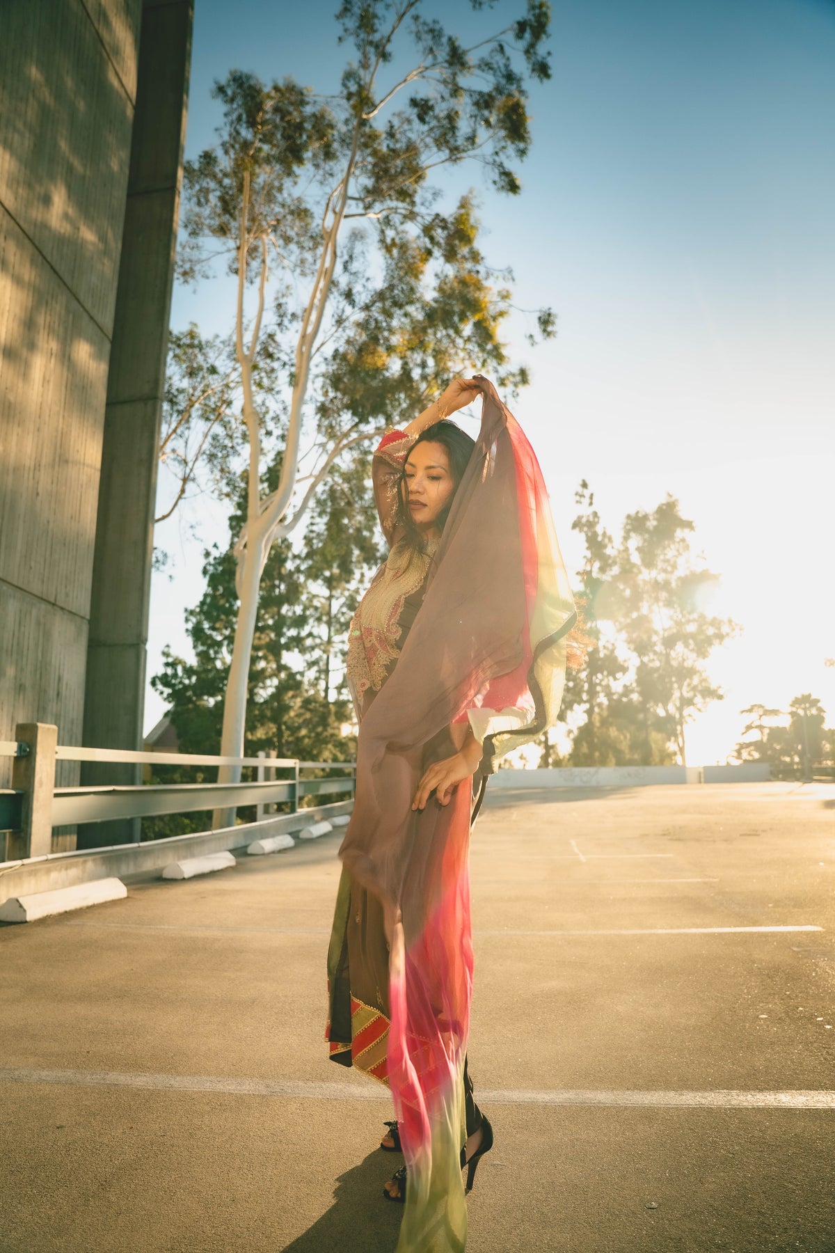 MEHDI taupe couture with flowing dupatta — US campaign