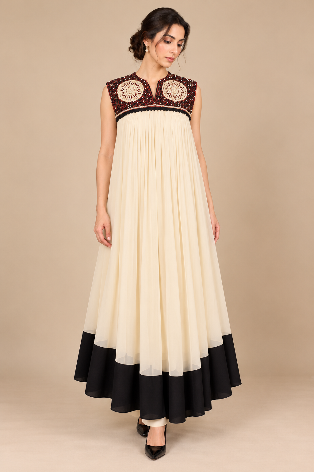Ivory Noir ivory pleated evening dress front view