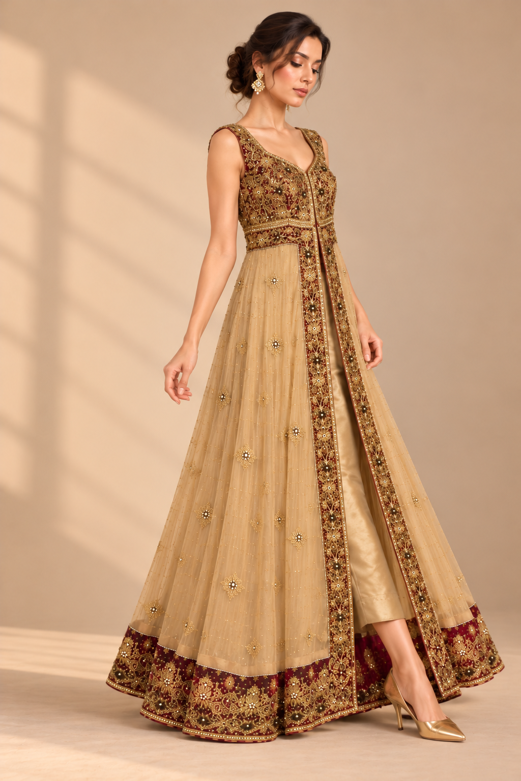 Maroon Empress angled view showcasing embroidered maroon borders