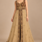 Maroon Empress front view champagne gold gown with maroon and gold embroidered bodice