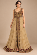 Maroon Empress front view champagne gold gown with maroon and gold embroidered bodice
