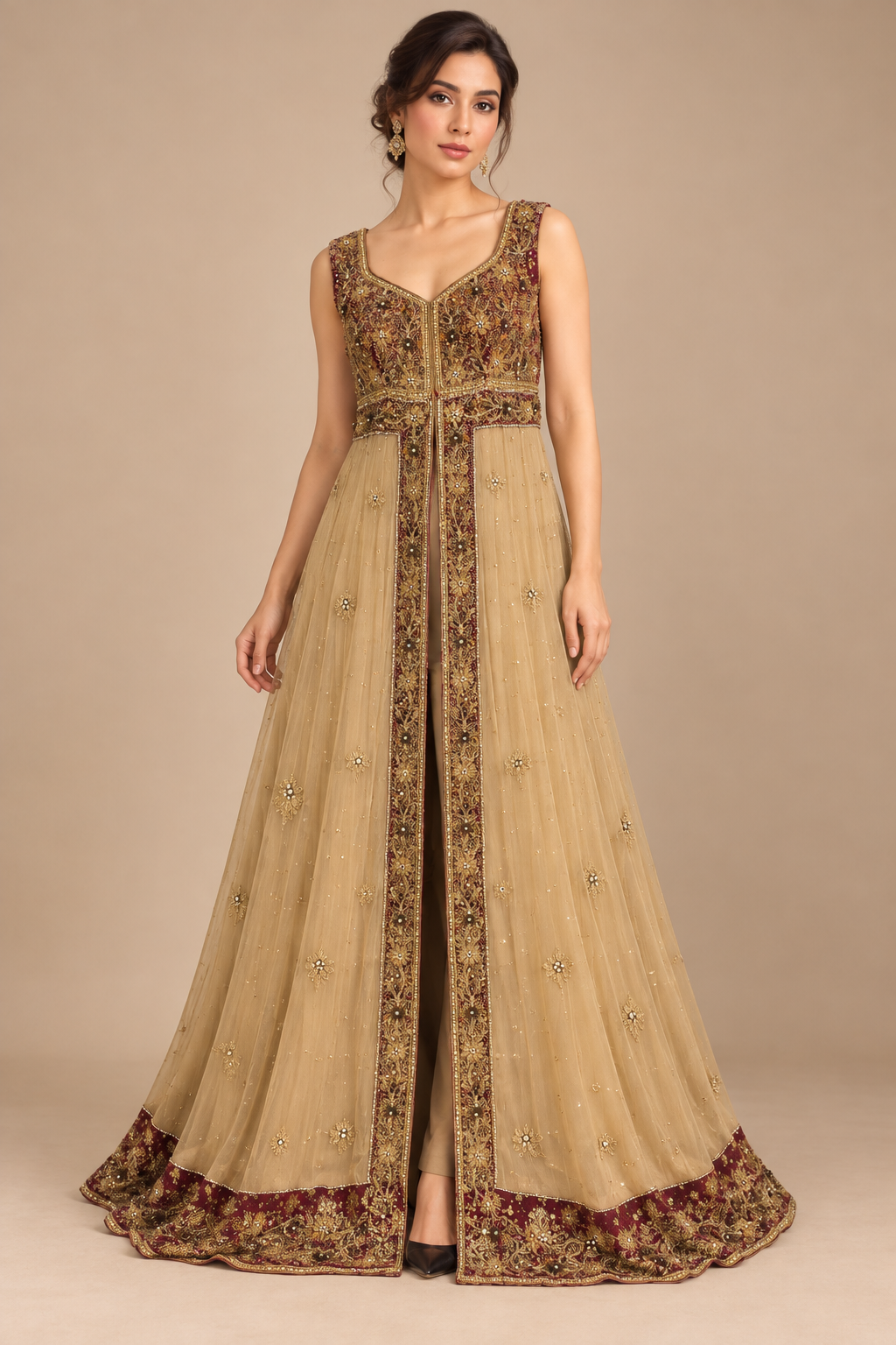 Maroon Empress front view champagne gold gown with maroon and gold embroidered bodice