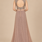 Moonlit Taupe back view with circular cutout and floor-length embellished overlay