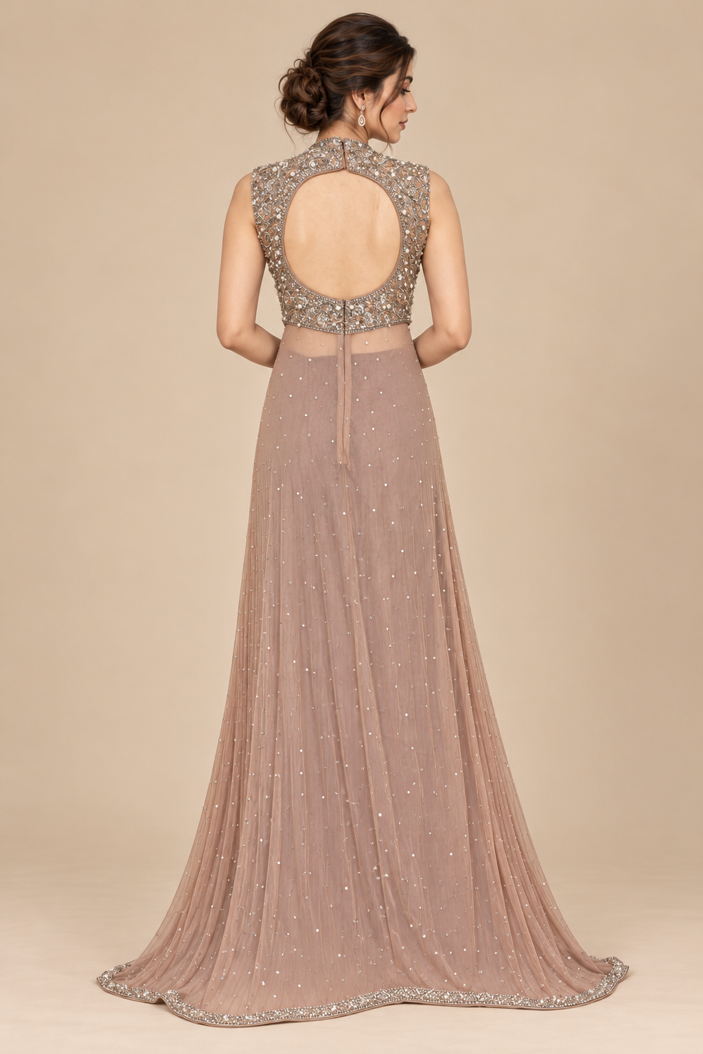 Moonlit Taupe back view with circular cutout and floor-length embellished overlay