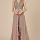 Moonlit Taupe front view with pearl embellished bodice and flowing taupe overlay