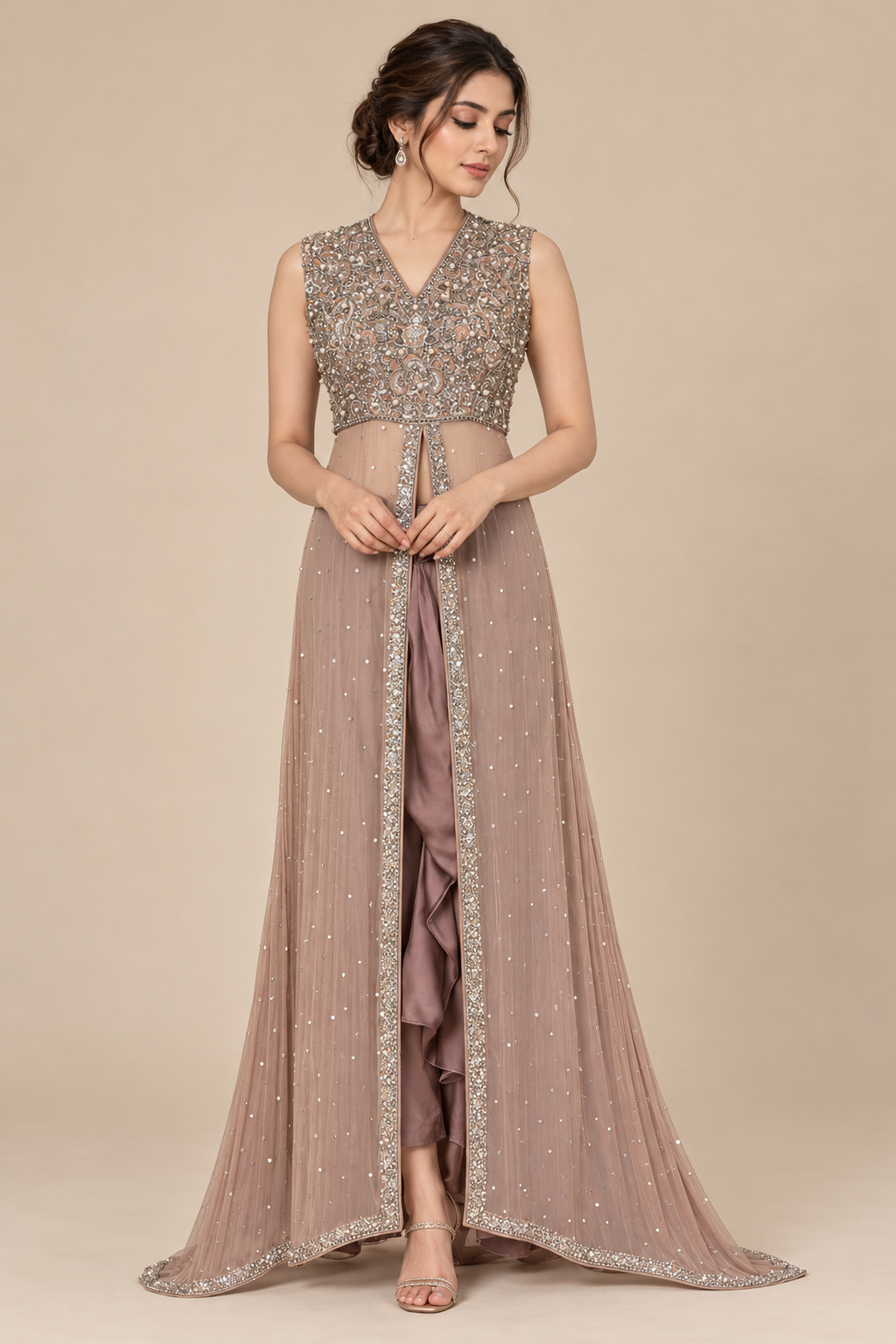 Moonlit Taupe front view with pearl embellished bodice and flowing taupe overlay