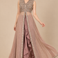 Moonlit Taupe styled front view with open-front sheer gown and satin underlayer