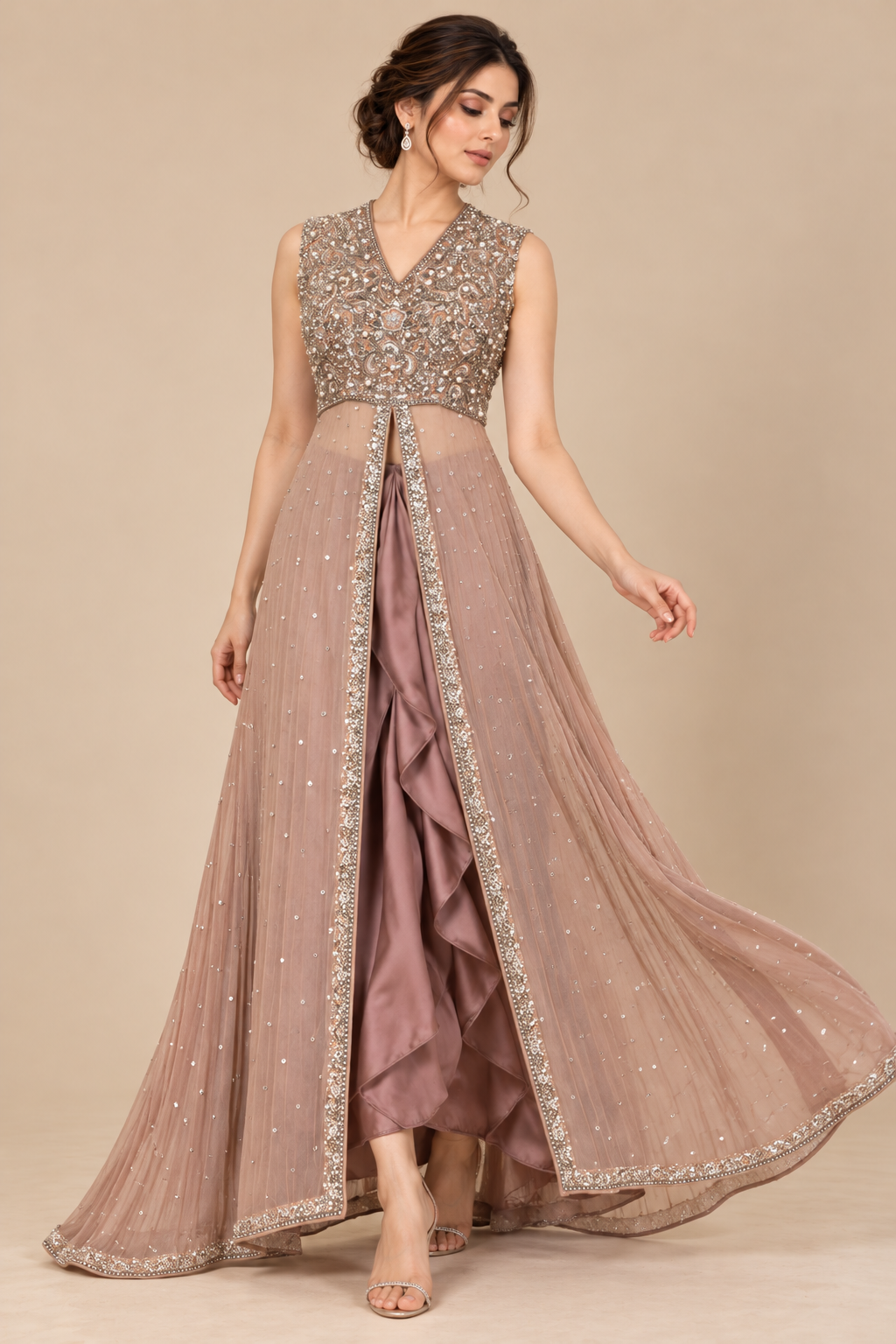 Moonlit Taupe styled front view with open-front sheer gown and satin underlayer