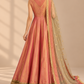 Rose Aurum rose-pink gold floor-length dress back view with sheer gold embroidered scarf