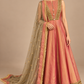 Rose Aurum full-length front view, rose-pink gold embellished dress with sheer floral embroidered scarf