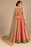 Rose Aurum full-length front view, rose-pink gold embellished dress with sheer floral embroidered scarf