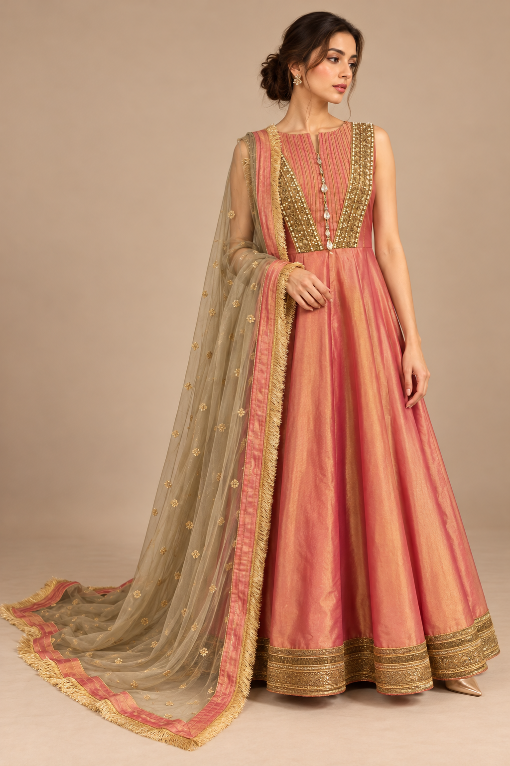Rose Aurum full-length front view, rose-pink gold embellished dress with sheer floral embroidered scarf