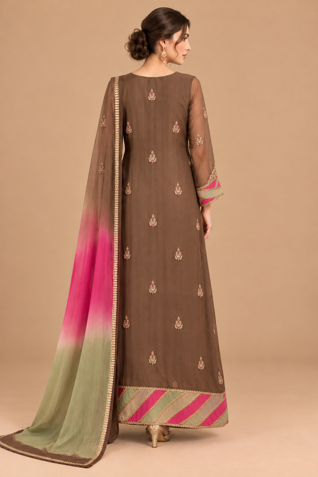 Rosé mocha brown dress back view with pink sage scarf