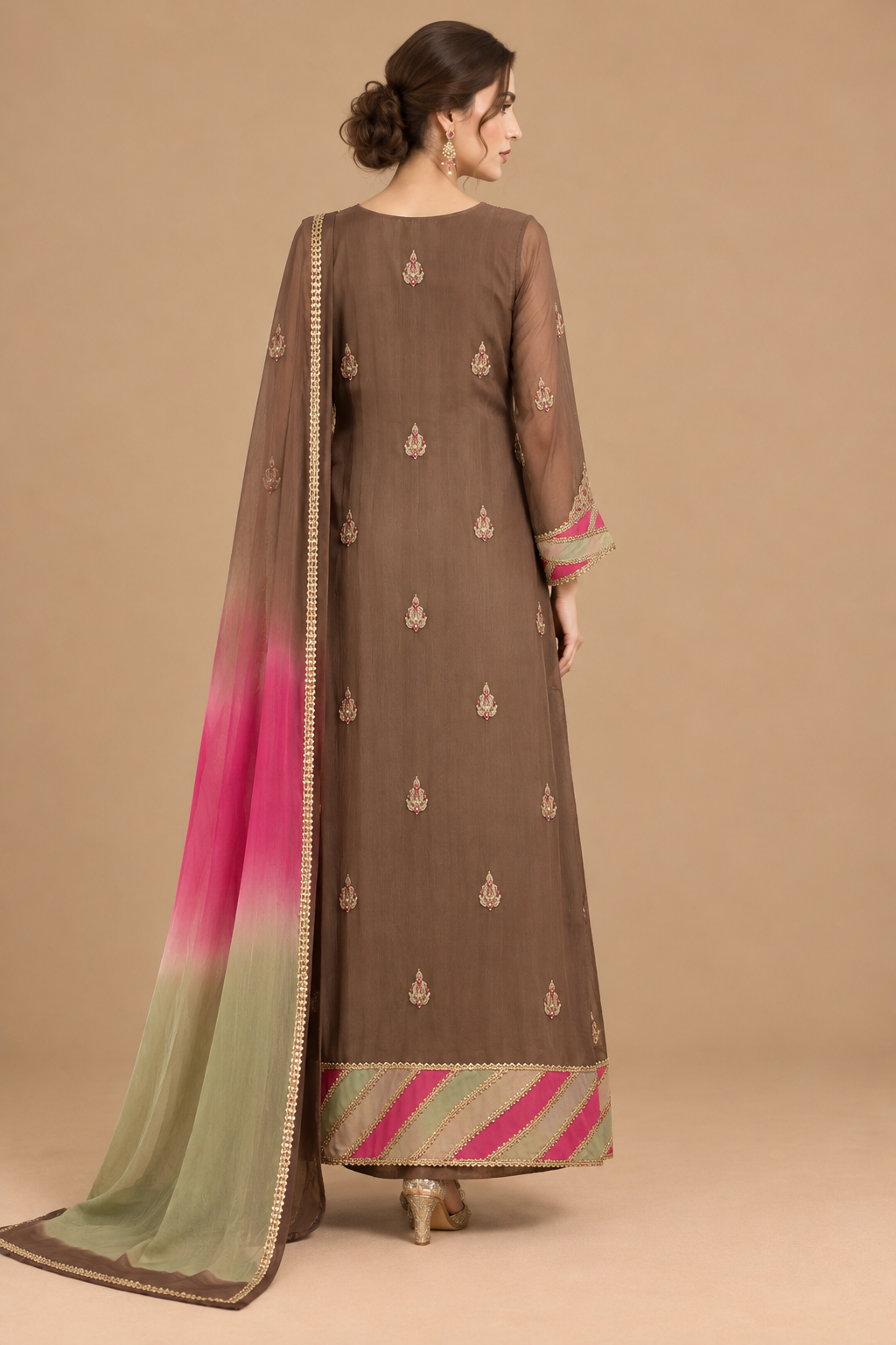 Rosé brown formal dress back view with embroidered motifs and ombré scarf