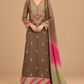 Rosé mocha brown embroidered long dress front view with pink and sage ombré scarf
