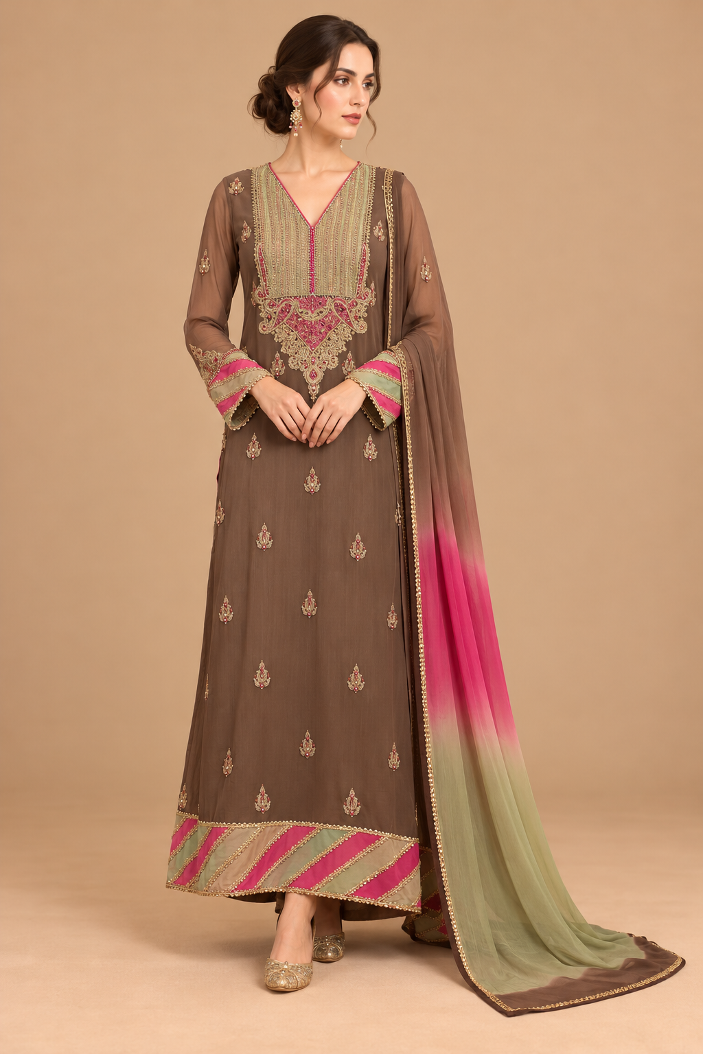 Rosé mocha brown embroidered long dress front view with pink and sage ombré scarf