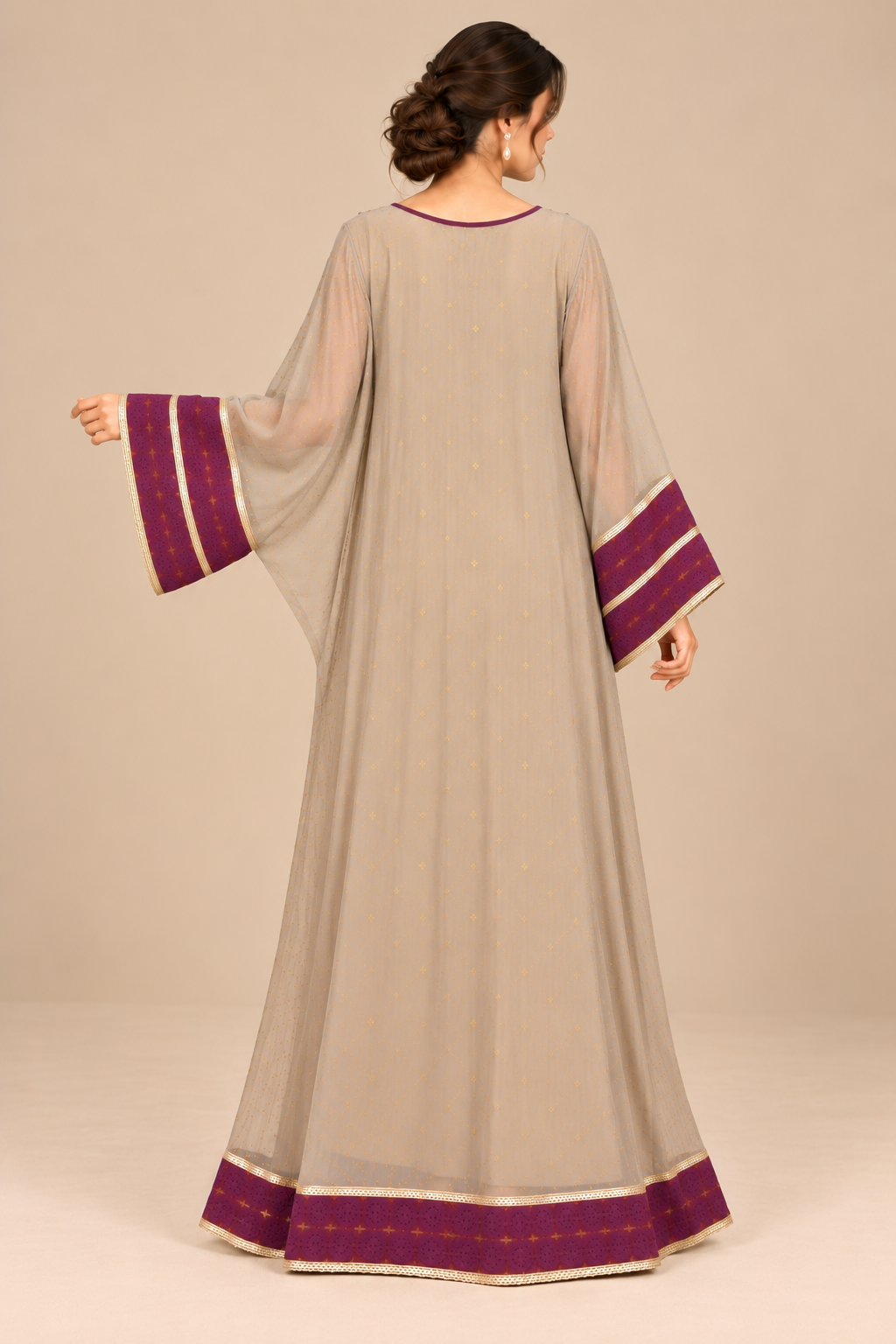 Royal Amethyst Kaftaan back view with plum cuffs and hem