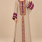 Royal Amethyst Kaftaan front view in taupe grey with plum embroidery