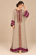 Royal Amethyst Kaftaan front view in taupe grey with plum embroidery