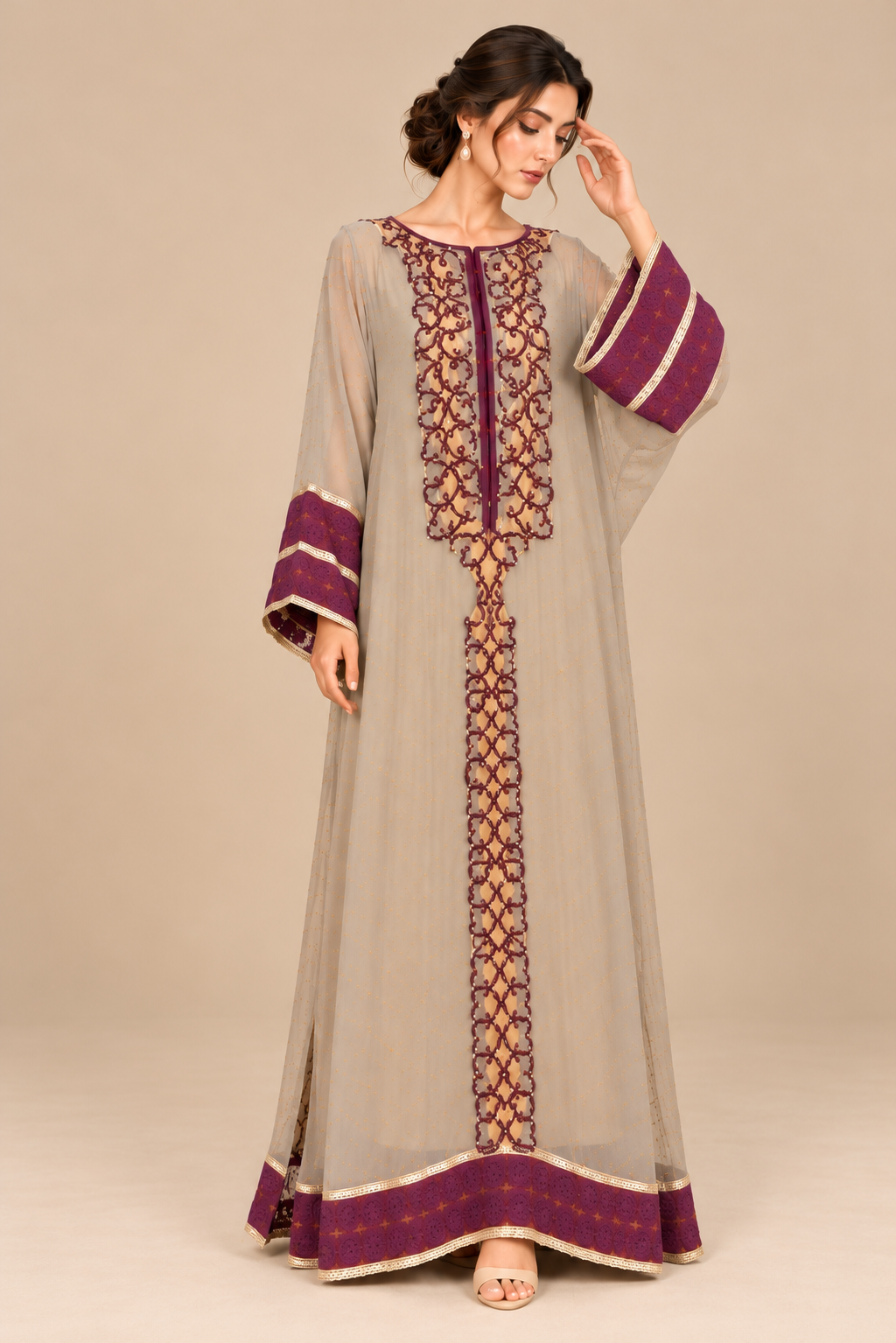 Royal Amethyst Kaftaan front view in taupe grey with plum embroidery