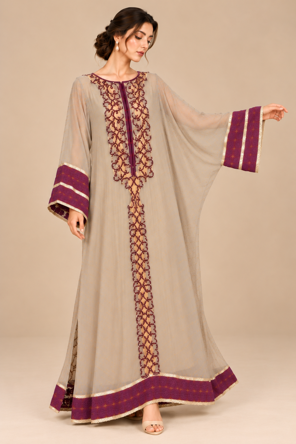 Royal Amethyst Kaftaan styled front view with flowing sleeves