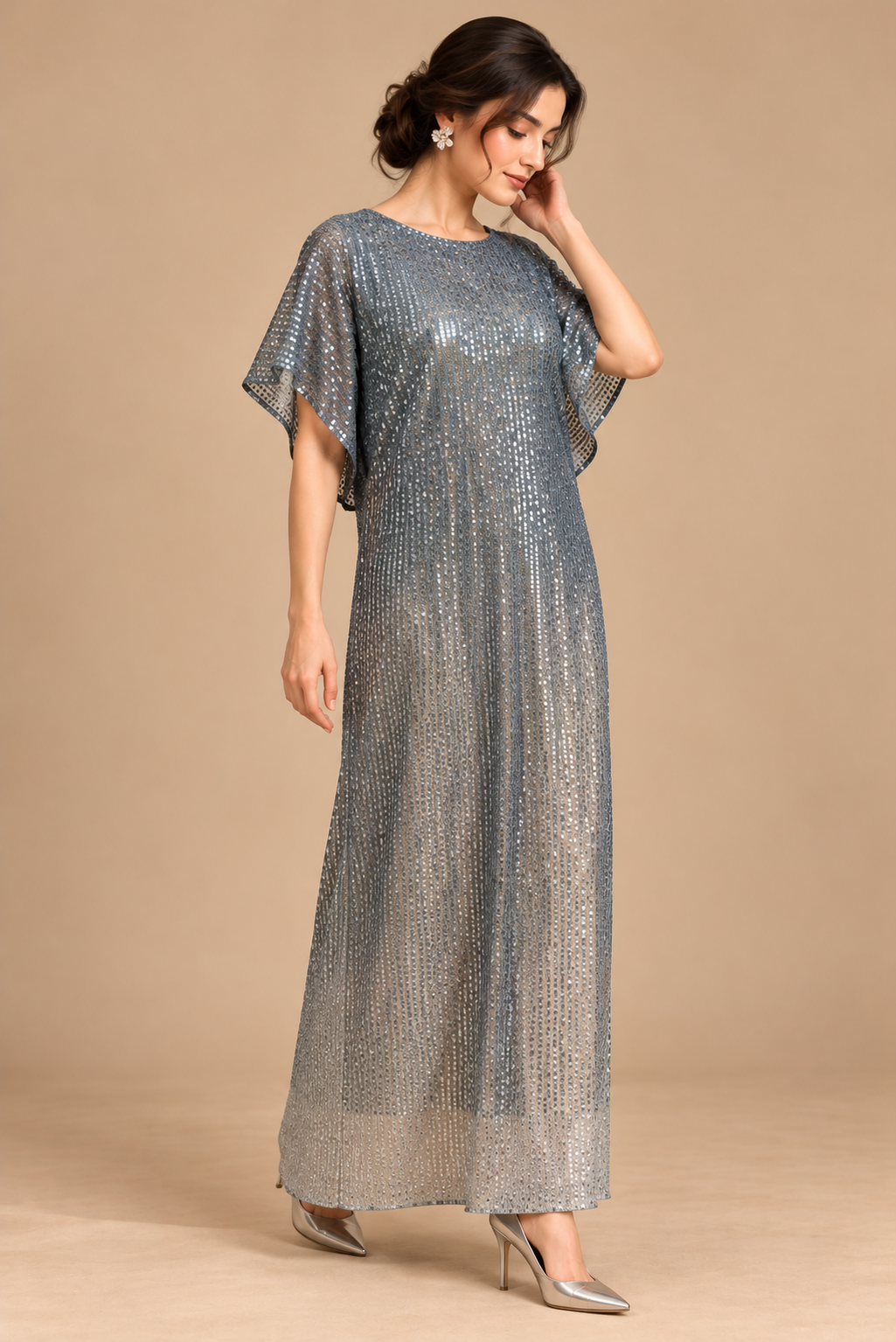 Silver Étoile shimmering silver grey evening dress angled front view