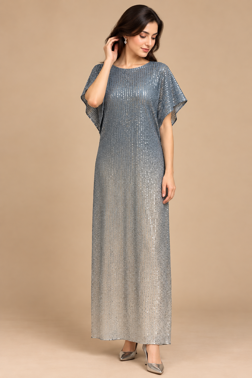 Silver Étoile silver grey sequin evening dress front view