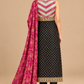 Zaria gold motif black ensemble and fuchsia shawl detail