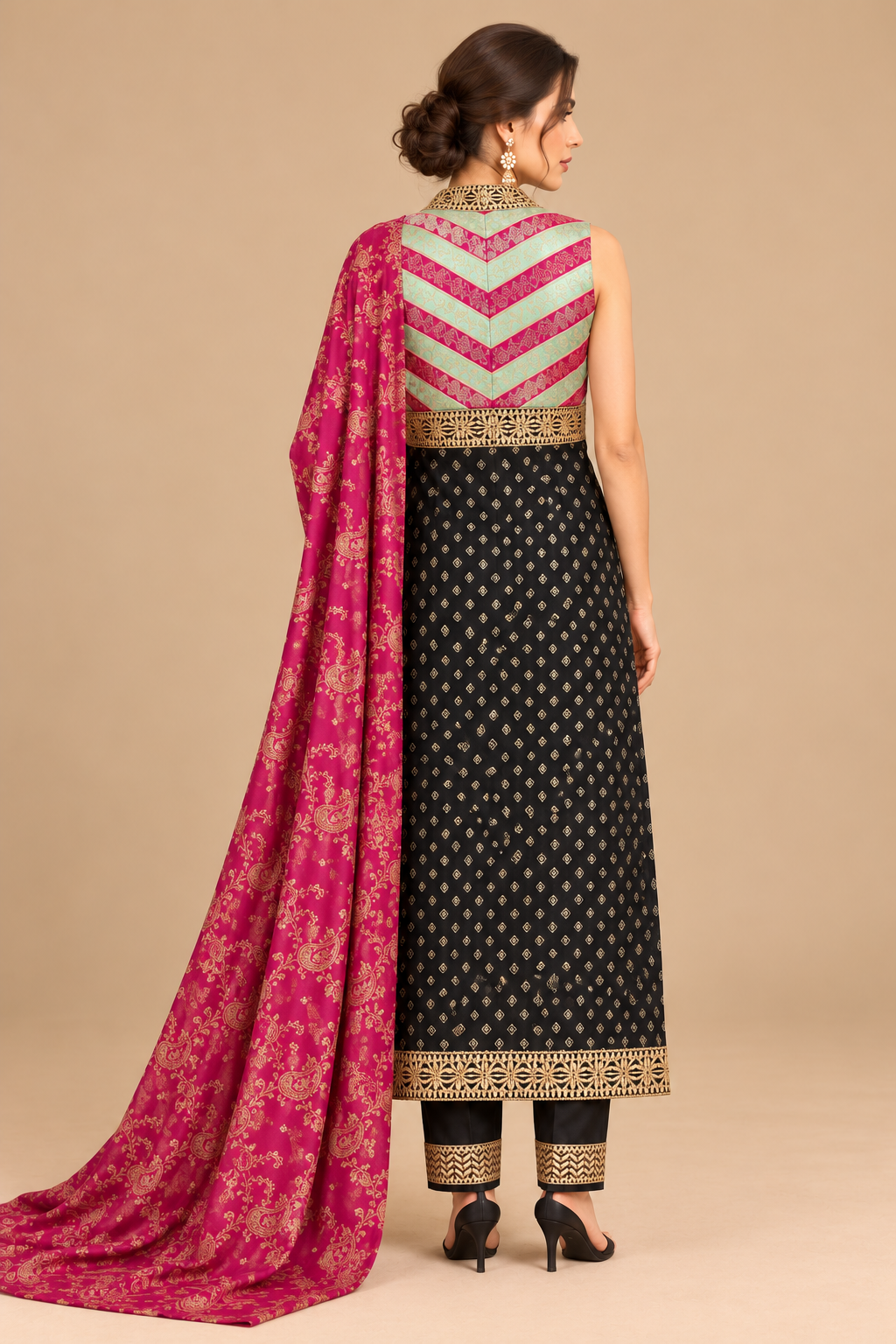 Zaria gold motif black ensemble and fuchsia shawl detail